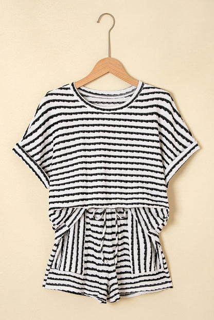 Pink Stripe Textured Knit Lounge Set Drawstring Shorts