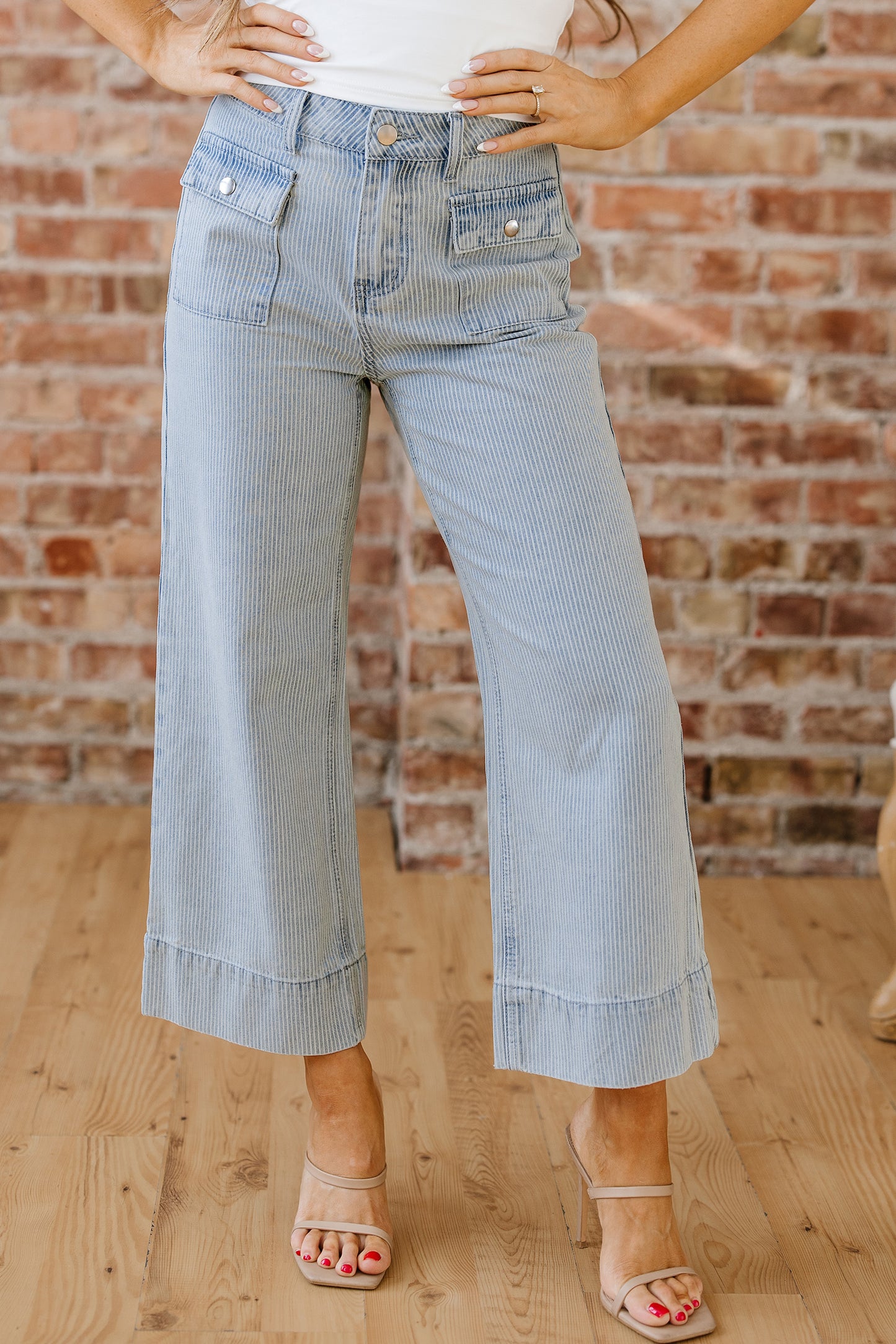 Sky Blue Pinstripe Wide Leg Jeans with Button Flap Pockets