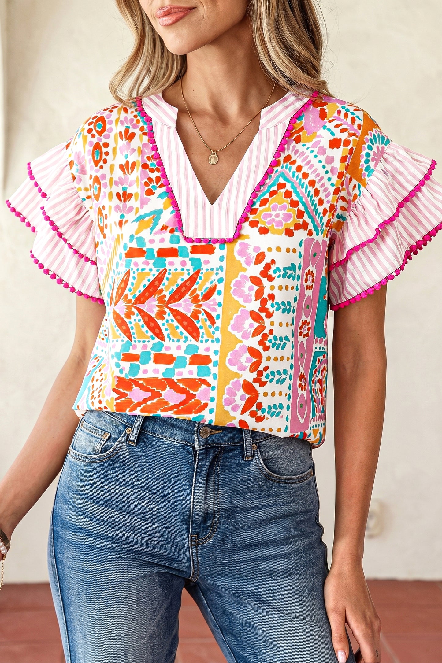 Boho Patchwork Print Flutter Sleeve V Neck Blouse