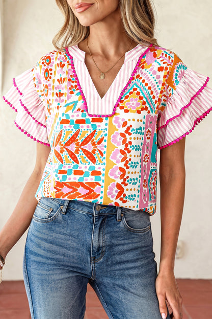 Boho Patchwork Print Flutter Sleeve V Neck Blouse