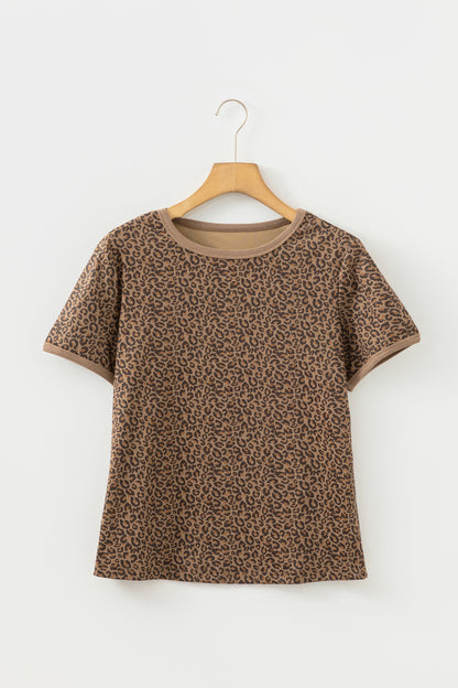Western Leopard Print Crew Neck Casual Tee for Women