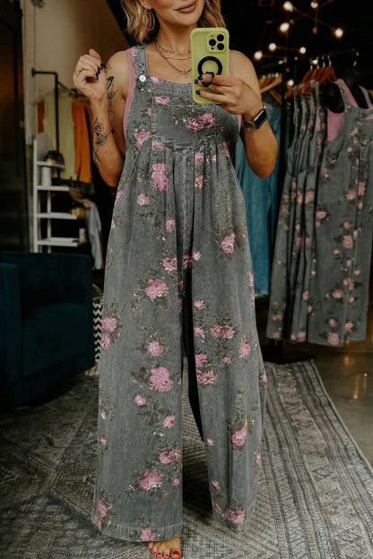 Blue Floral Wide Leg Denim Jumpsuit with Adjustable Straps
