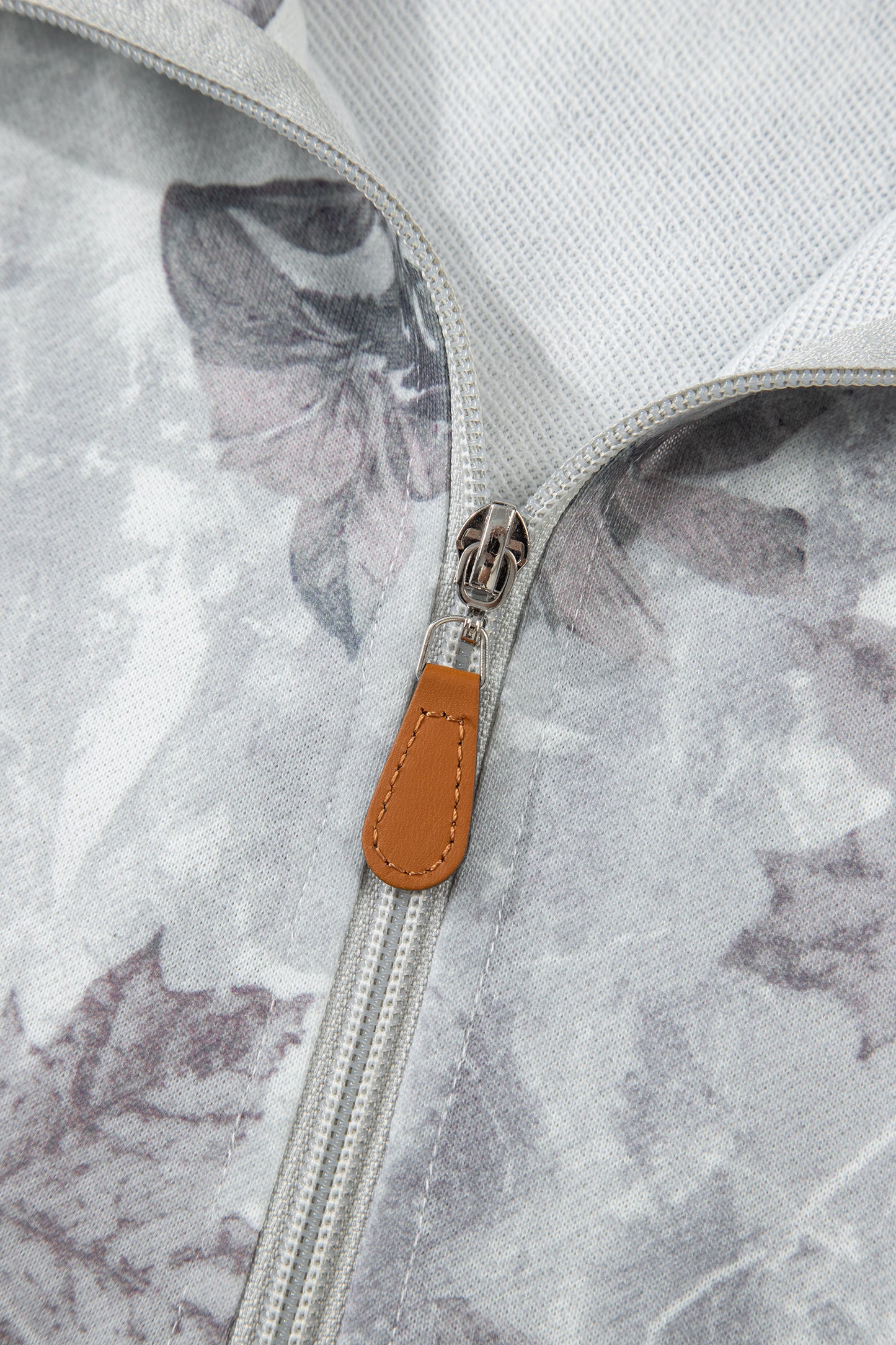 Gray Camo Leaf Print Quarter Zip Hoodie with Pocket