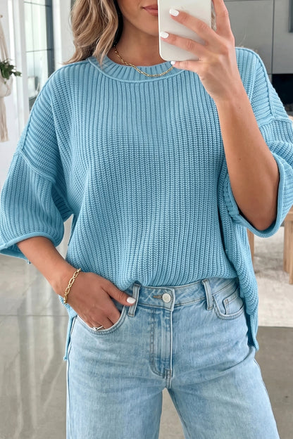 Mist Blue Waffle Knit Oversized Half Sleeve Sweater Top
