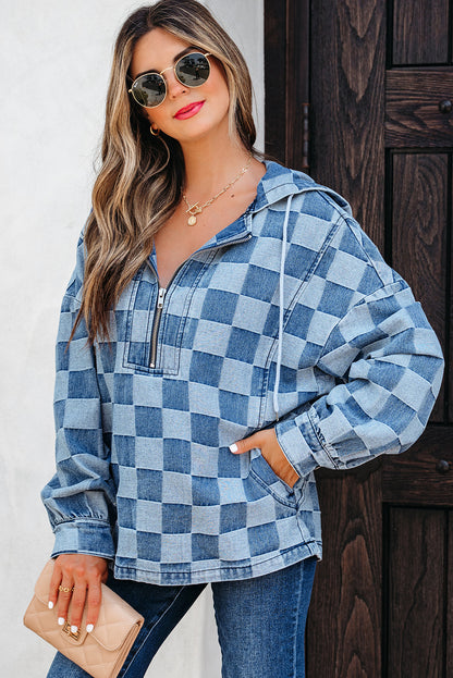 Sky Blue Checkerboard Quarter Zip Denim Hoodie with Pocket