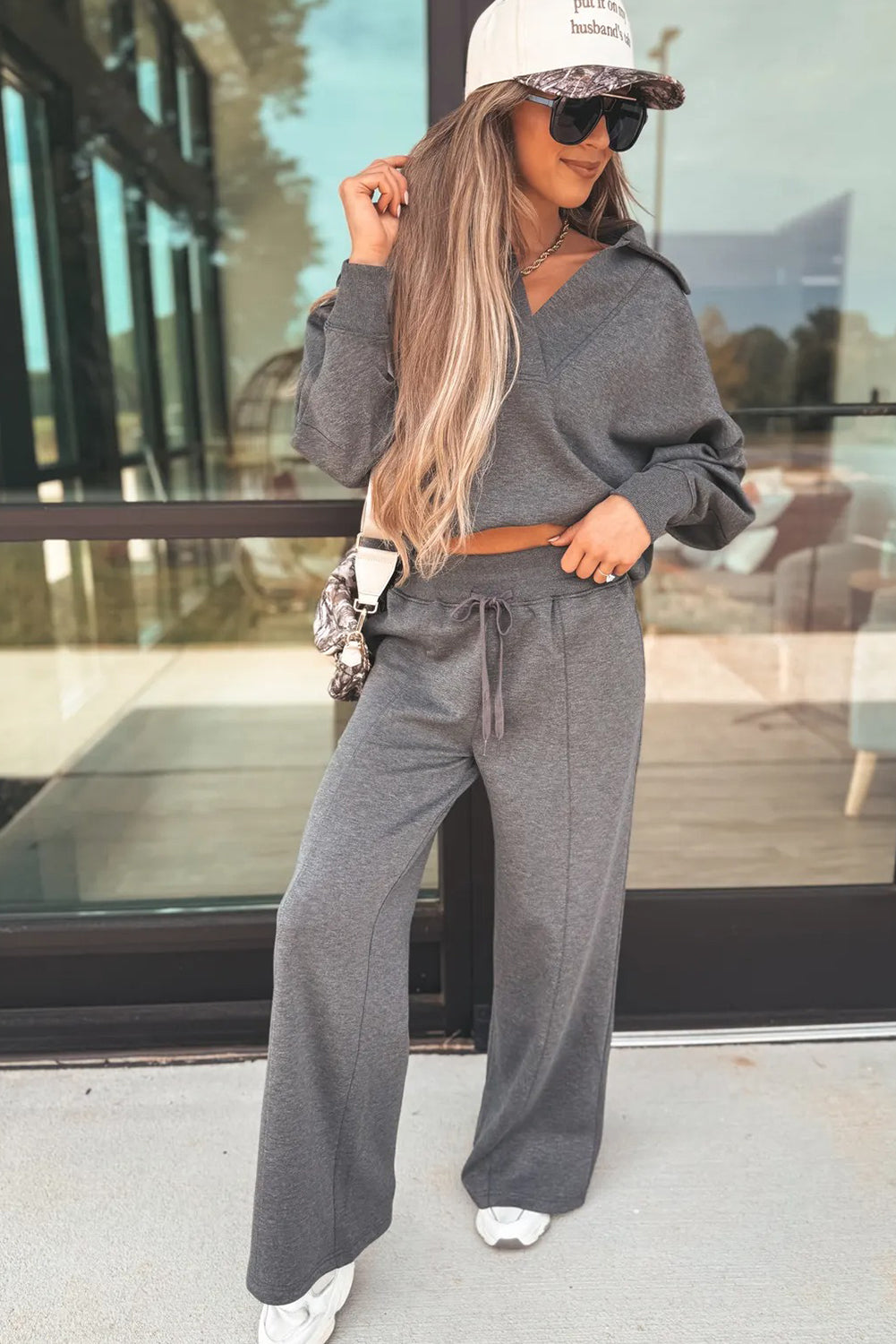 V Neck Collared Sweatshirt and Sweatpants Lounge Set