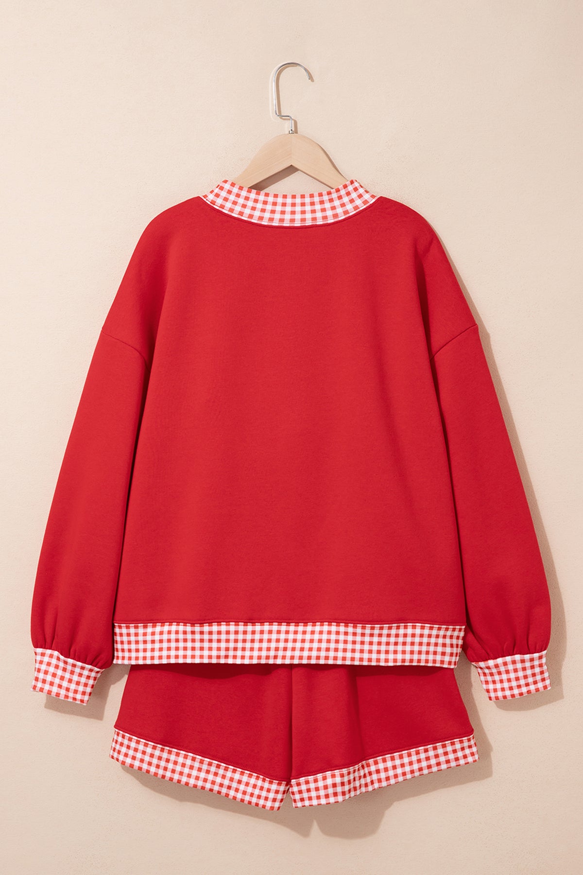 Red Gingham Trim Sweatshirt Shorts Two Piece Set