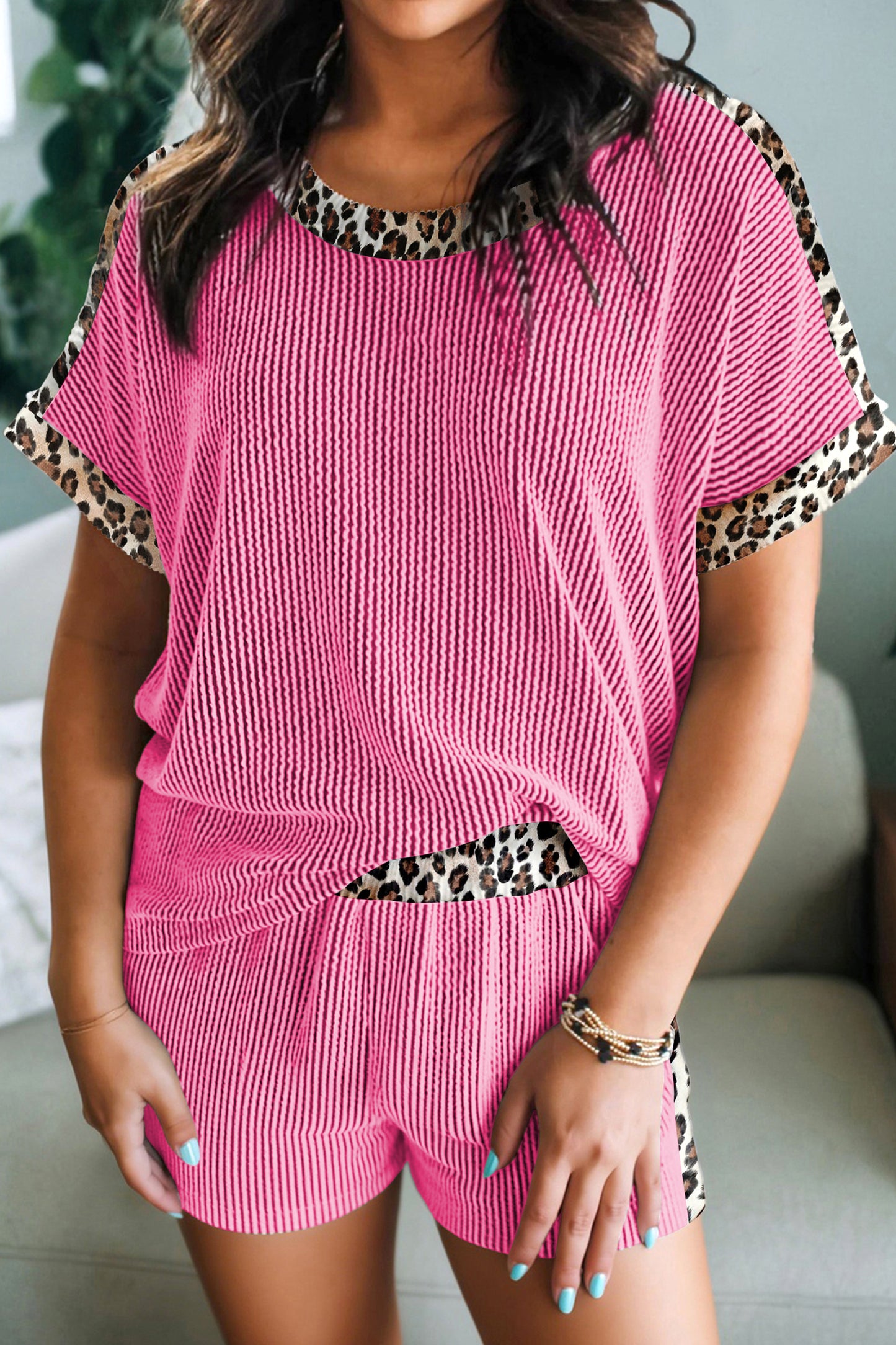 Leopard Trim Ribbed Short Sleeve Top and Shorts Set