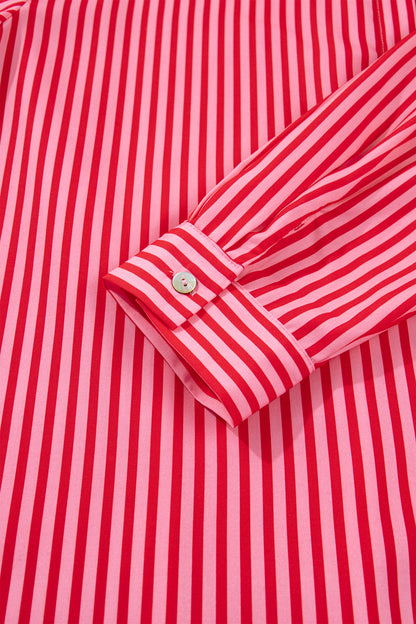 Red Stripe Tie Front Button Up Long Sleeve Casual Shirt