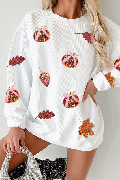 Sequin Pumpkin Leaf Corded Ribbed Oversized Sweatshirt