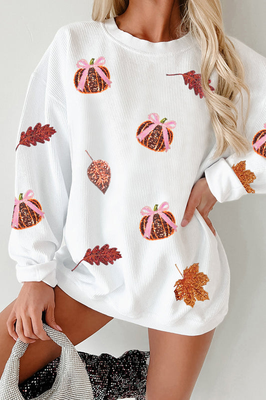 Sequin Pumpkin Leaf Corded Ribbed Oversized Sweatshirt