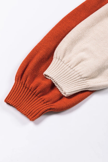 Colorblock Bishop Sleeve Ribbed Knit Sweater