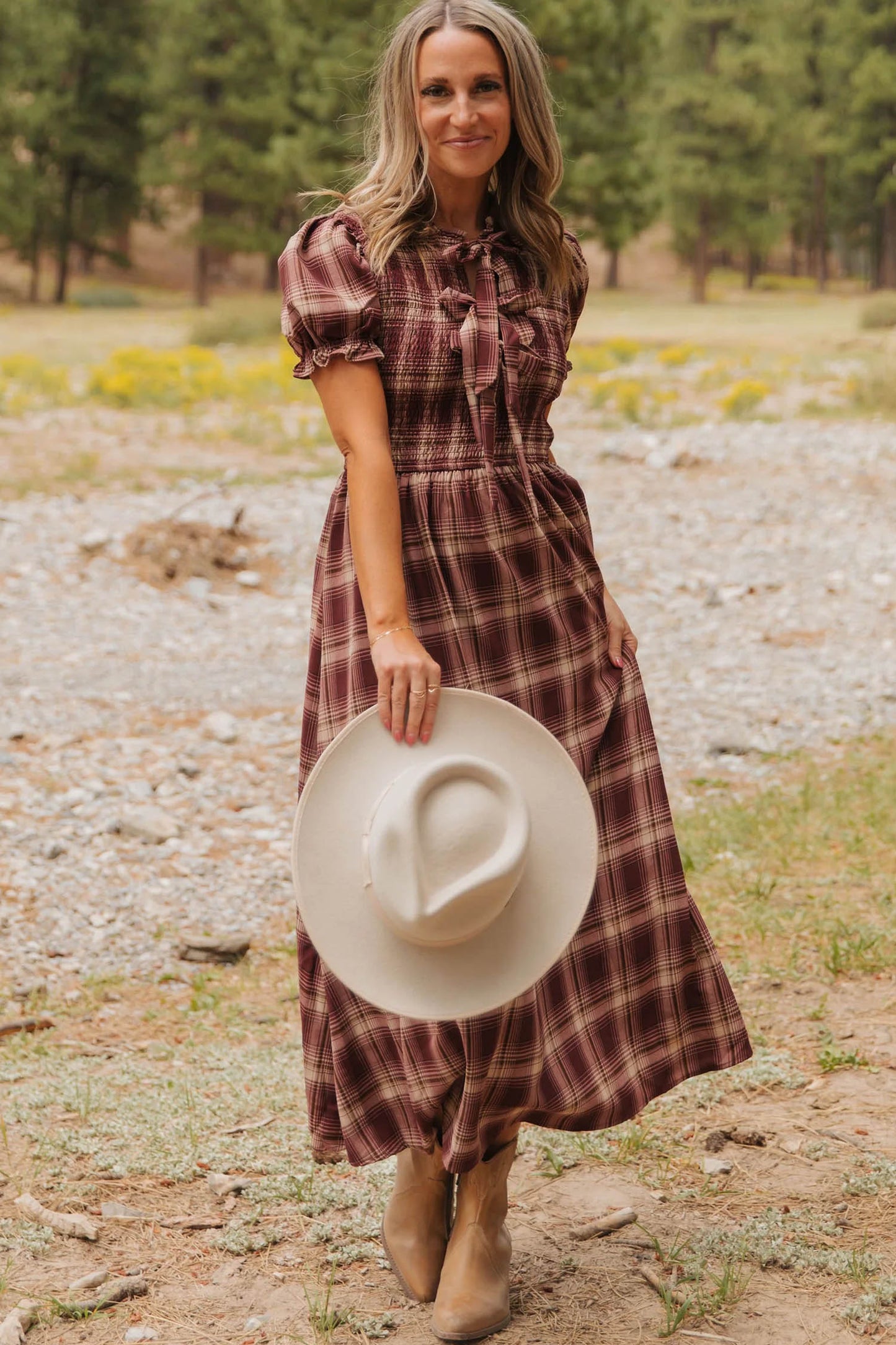 Western Plaid Puff Sleeve Midi Dress Tie Front