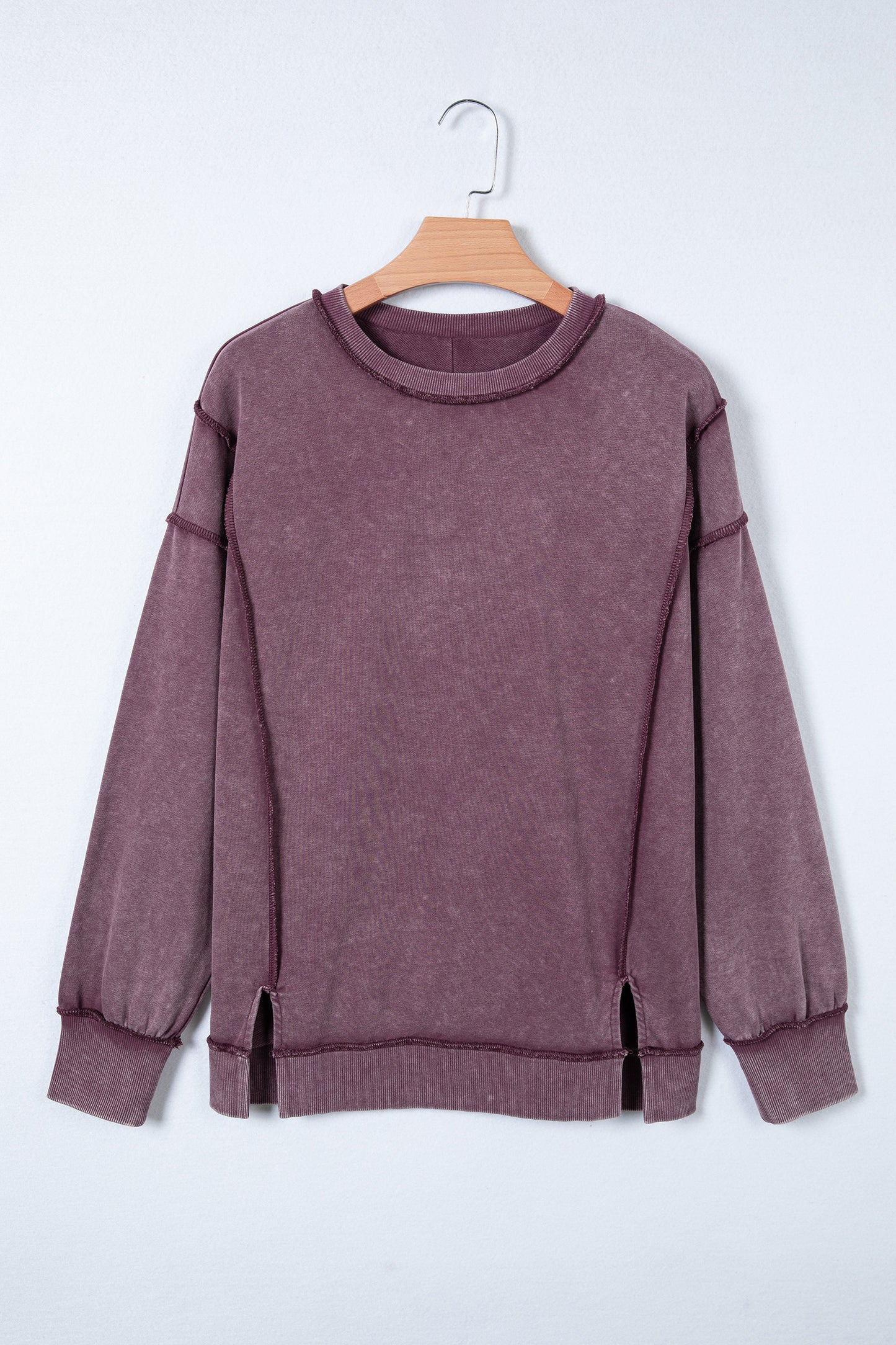 Mineral Wash Exposed Seam Sweatshirt Side Slit Casual Pullover