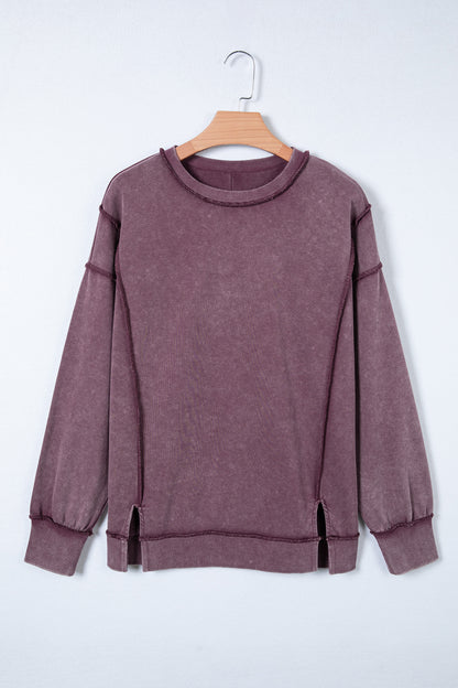 Mineral Wash Exposed Seam Sweatshirt Side Slit Casual Pullover