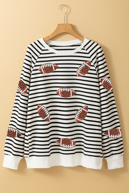 Game Day Black Stripe Sequin Rugby Football Side Slits Oversized Sweatshirt
