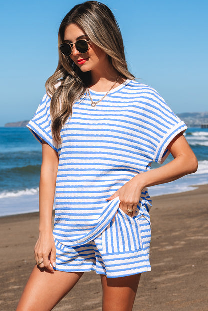 Pink Stripe Textured Knit Lounge Set Drawstring Shorts