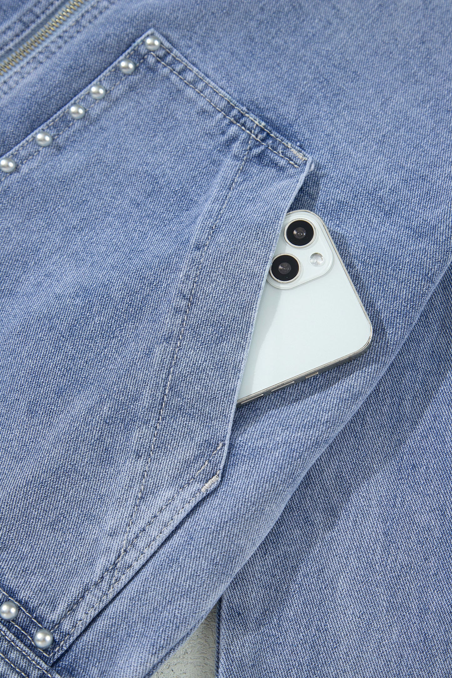 Pearl Studded Oversized Denim Zip Front Jacket