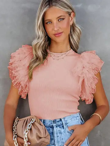 White Polka Dot Mesh Ruffle Sleeve Ribbed Knit Top
