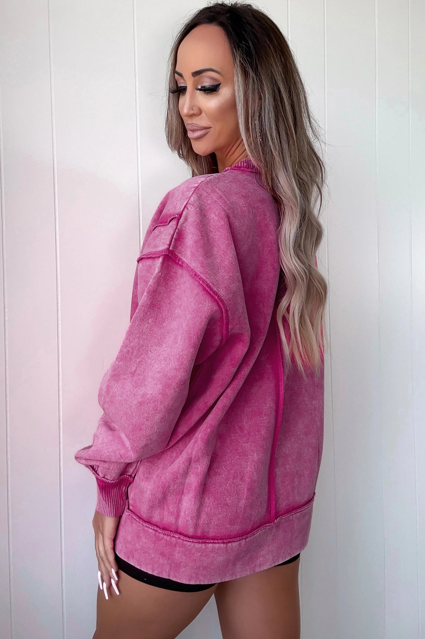 Mineral Wash Exposed Seam Sweatshirt Side Slit Casual Pullover