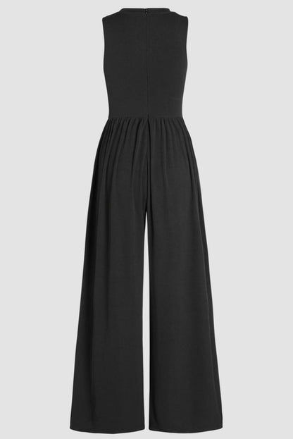 Blackish Green Cinched Waist Sleeveless Wide Leg Jumpsuit