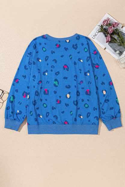 Sky Blue Leopard Ribbed Edge Drop Shoulder Pullover Sweatshirt