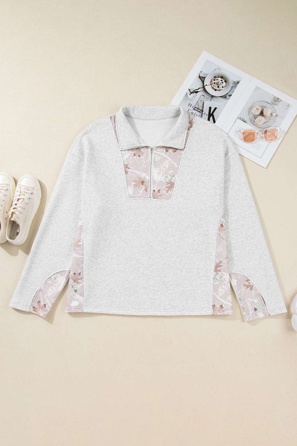 Plus Size Gray Half Zip Sweatshirt with Camo Leaf Patchwork