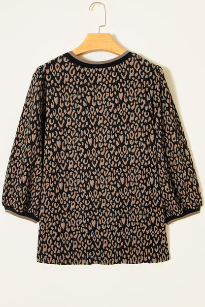 Leopard Print Crew Neck Puff Sleeve Knit Top