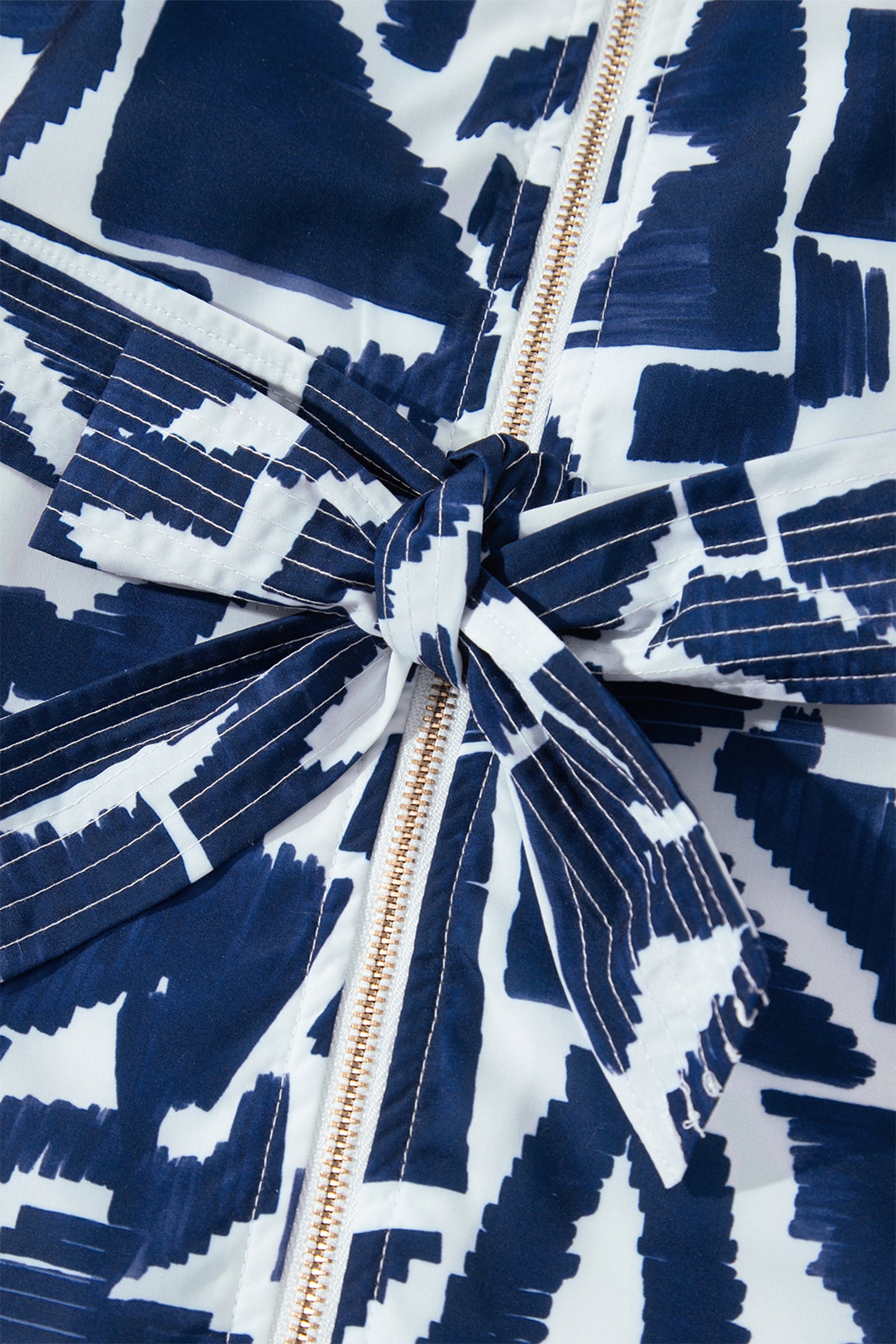 Blue Abstract Print Zip Front Tie Waist Mini Dress