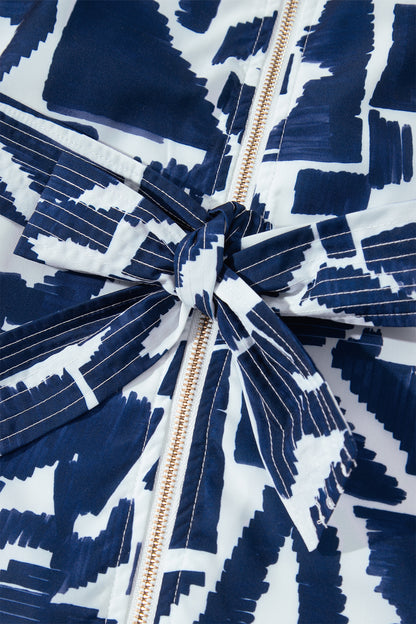 Blue Abstract Print Zip Front Tie Waist Mini Dress