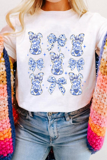 Easter Blue Floral Bunny Bow Graphic Spring Casual Tee