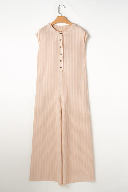 Textured Wide Leg Jumpsuit Sleeveless Button Front