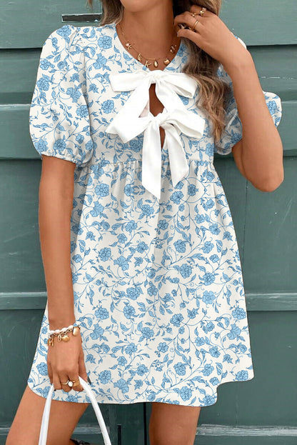 Floral Tie Neck Mini Dress Puff Sleeve Babydoll Style