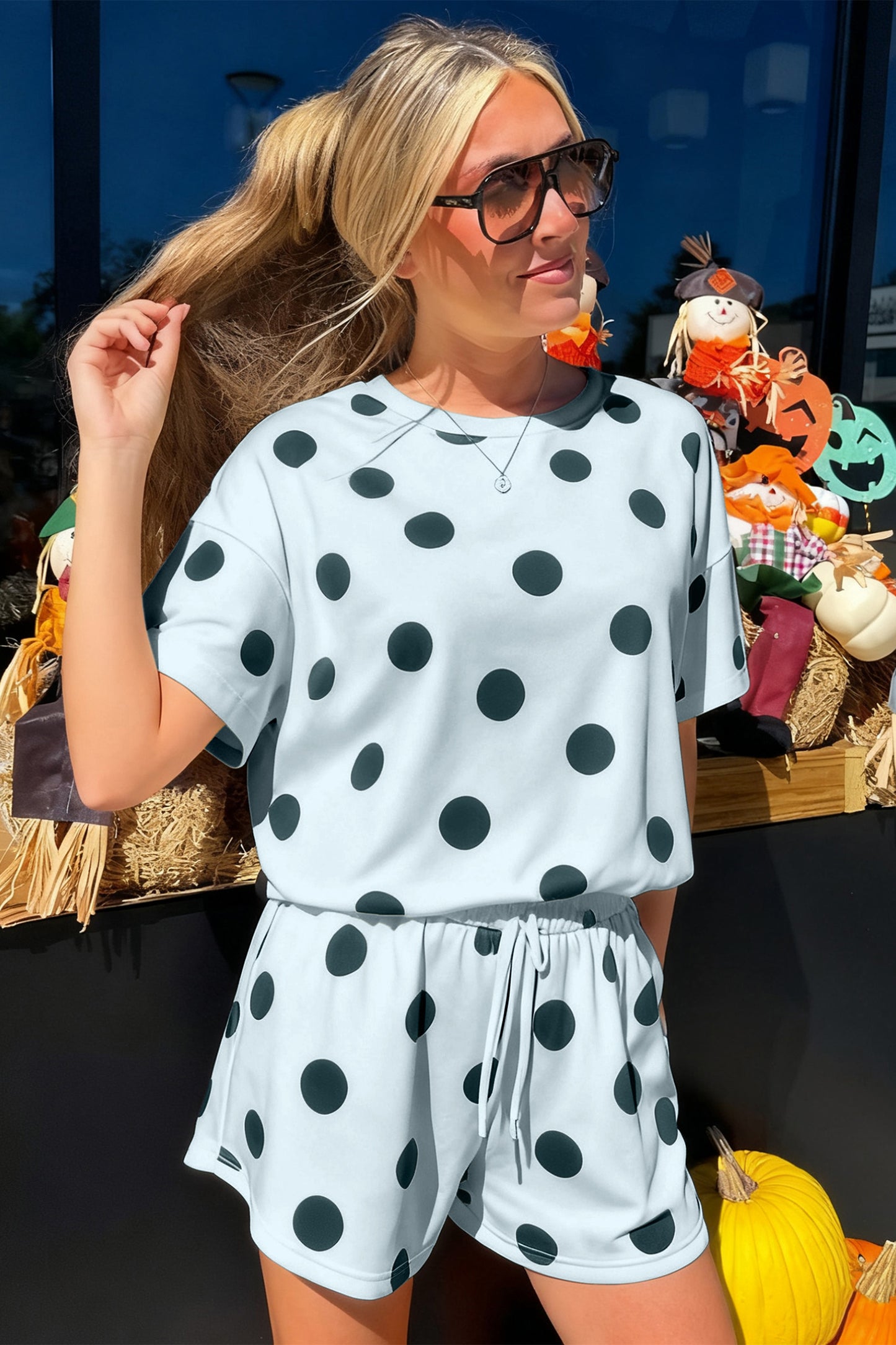 Polka Dot Lounge Set Tee and Drawstring Shorts Set