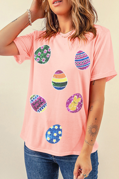 Pink Sequin Easter Egg Graphic Short Sleeve Casual Tee