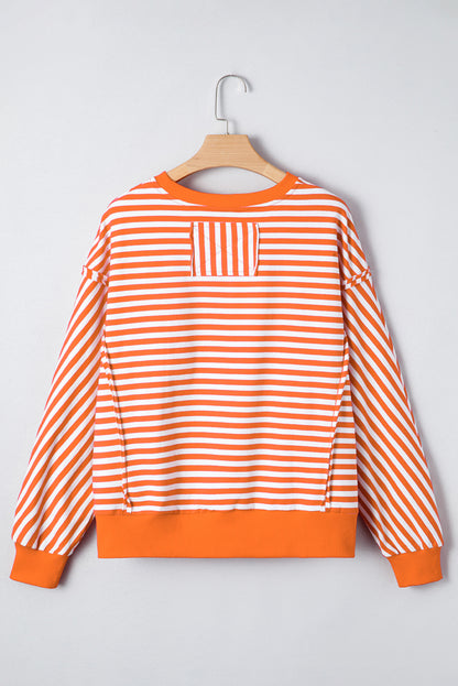 Red Stripe Oversized Pullover Exposed Seam Long Sleeve Top