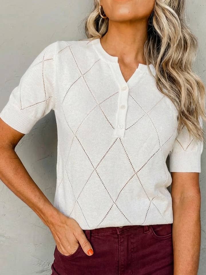 Argyle Diamond Knit Henley Short Sleeve Sweater Top