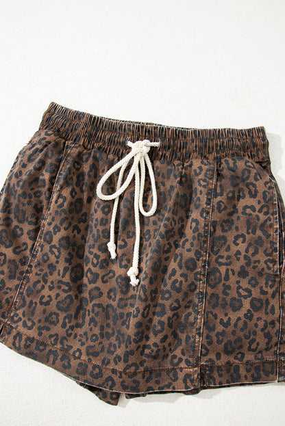Leopard Print Drawstring Skort Casual High Waist Mini