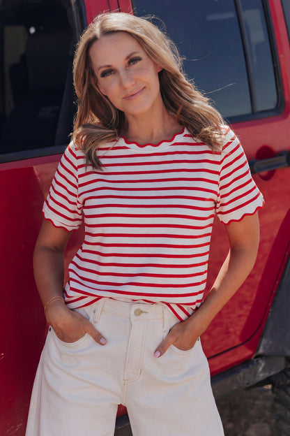 Red Stripe Scalloped Trim Short Sleeve Round Neck Tee