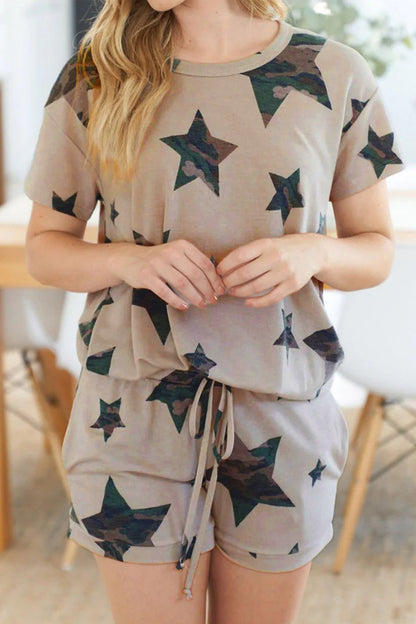 Women Star Print Lounge Set Casual Tee Shorts Two Piece