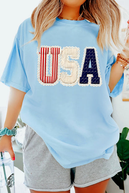 Light Blue USA Patchwork Tee Flag Day Independence