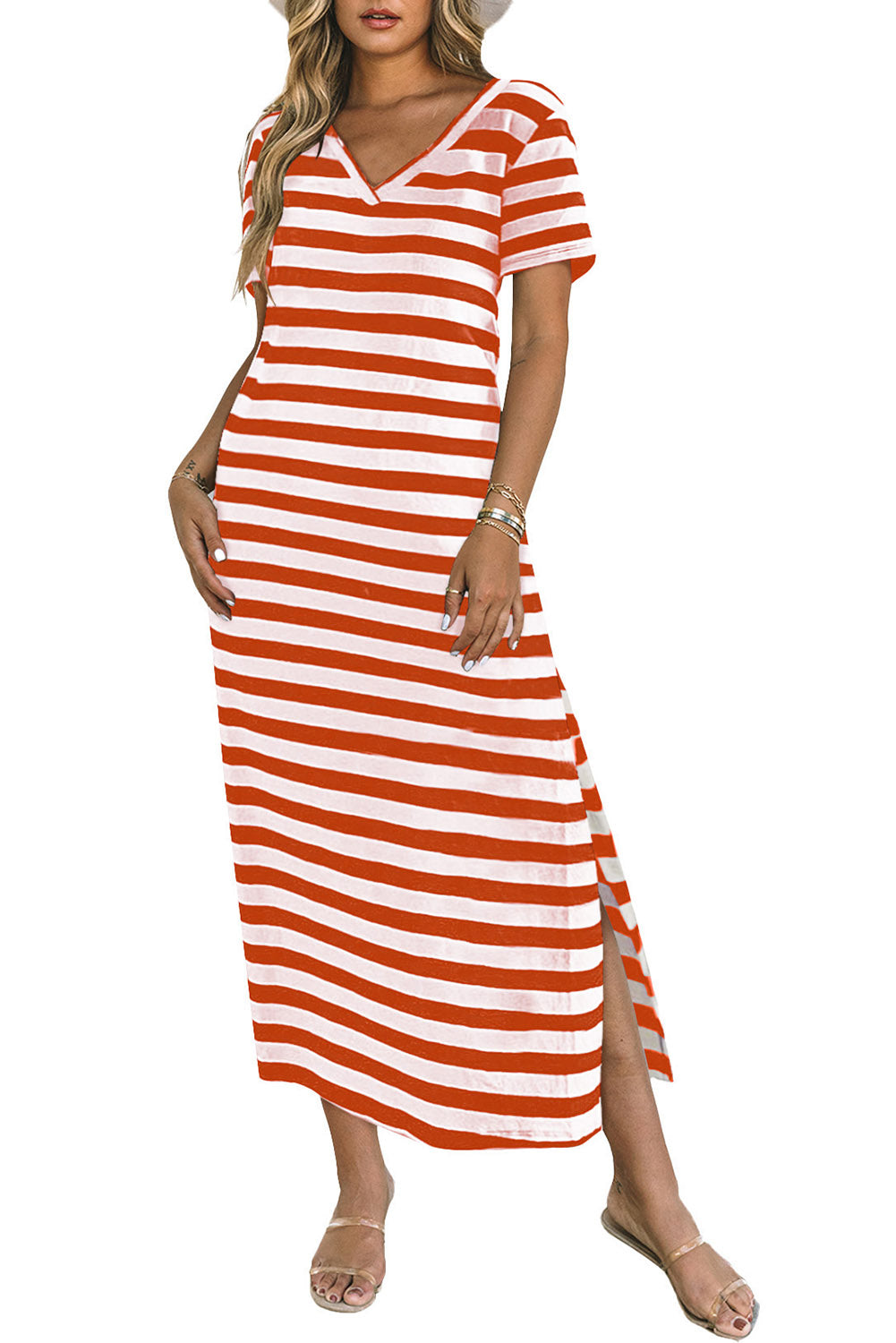 Black Stripe V Neck T Shirt Maxi Dress with Side Slit