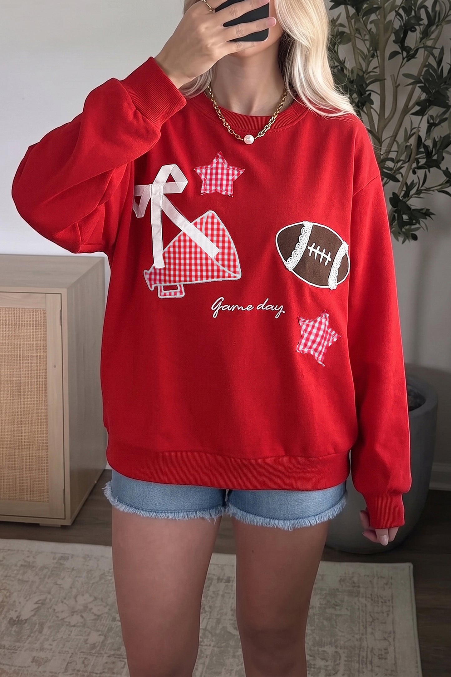 Gingham Patch Football Game Day Crew Neck Sweatshirt