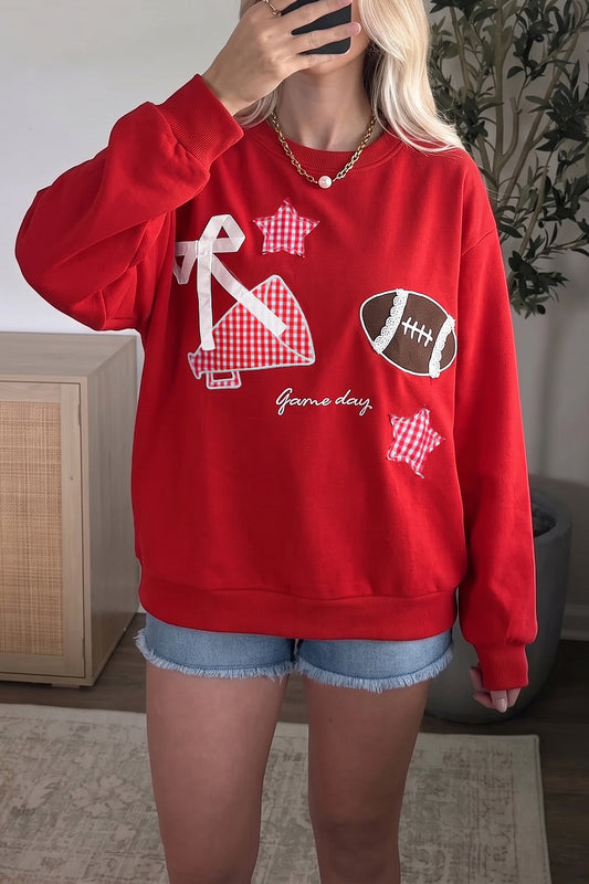 Gingham Patch Football Game Day Crew Neck Sweatshirt