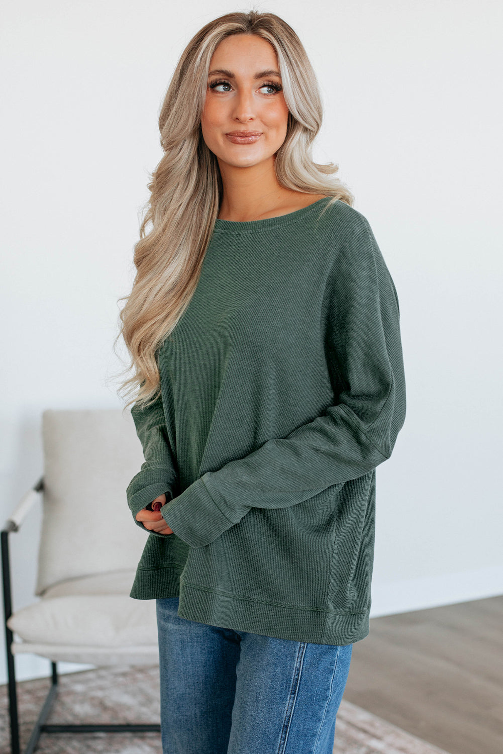 Waffle Knit Loose Long Sleeve Casual Top
