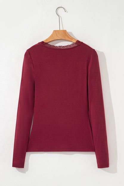 Smoke Gray Lace Trim Ruched V Neck Long Sleeve Women’s Top