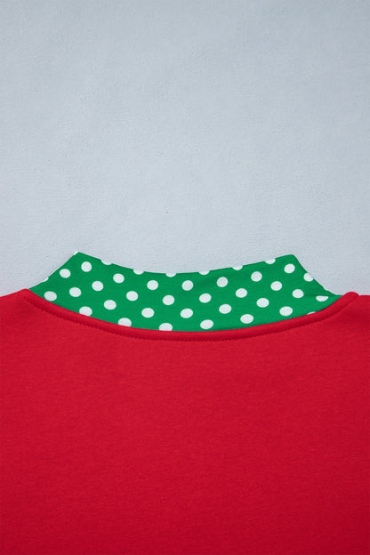 Fiery Red Polka Dot Letter Print Contrast Trim Mock Neck Sweatshirt