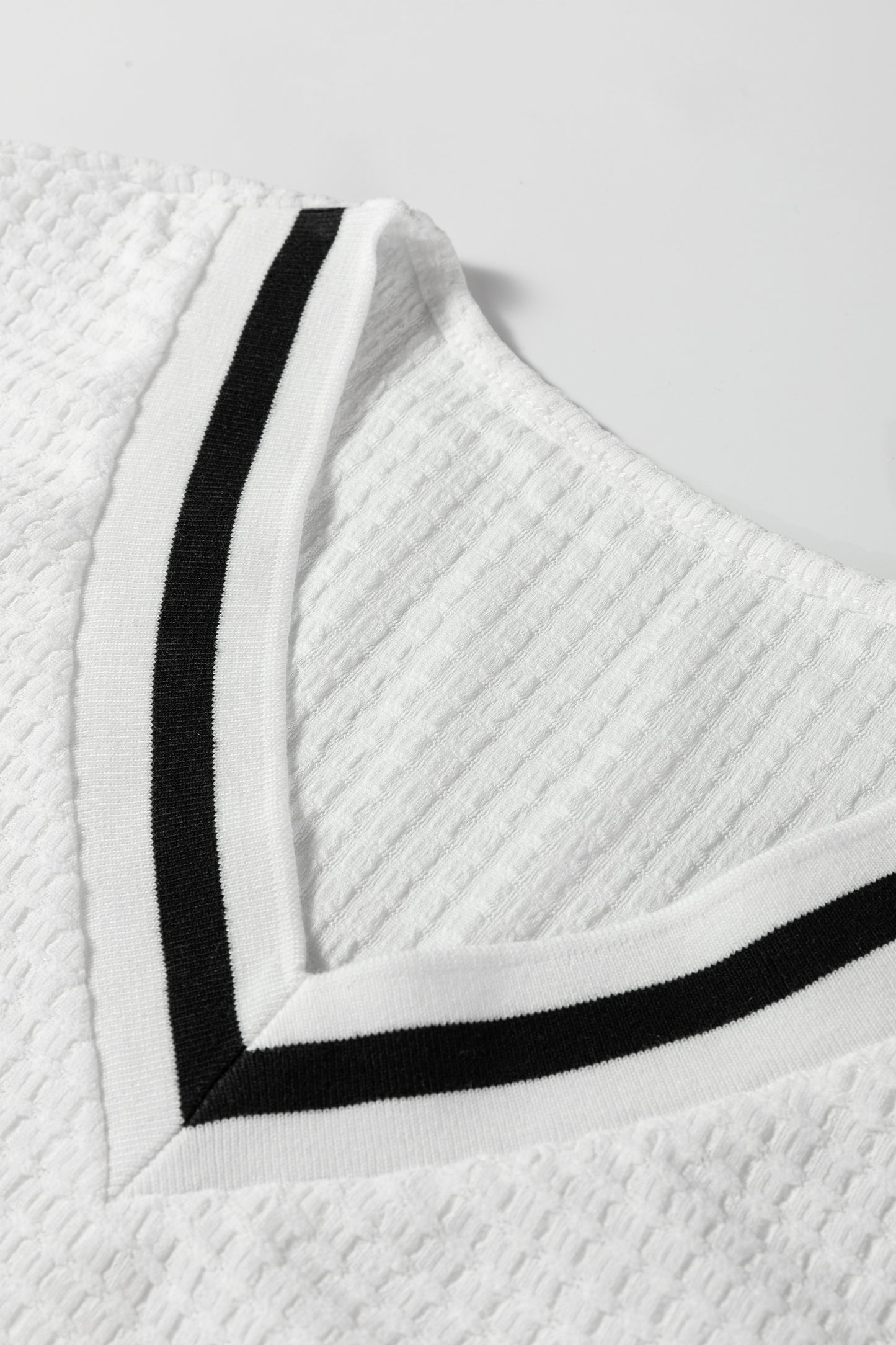 White Waffle Knit V Neck Long Sleeve Top with Striped Trim