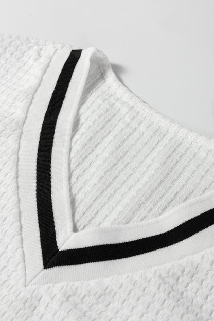 White Waffle Knit V Neck Long Sleeve Top with Striped Trim