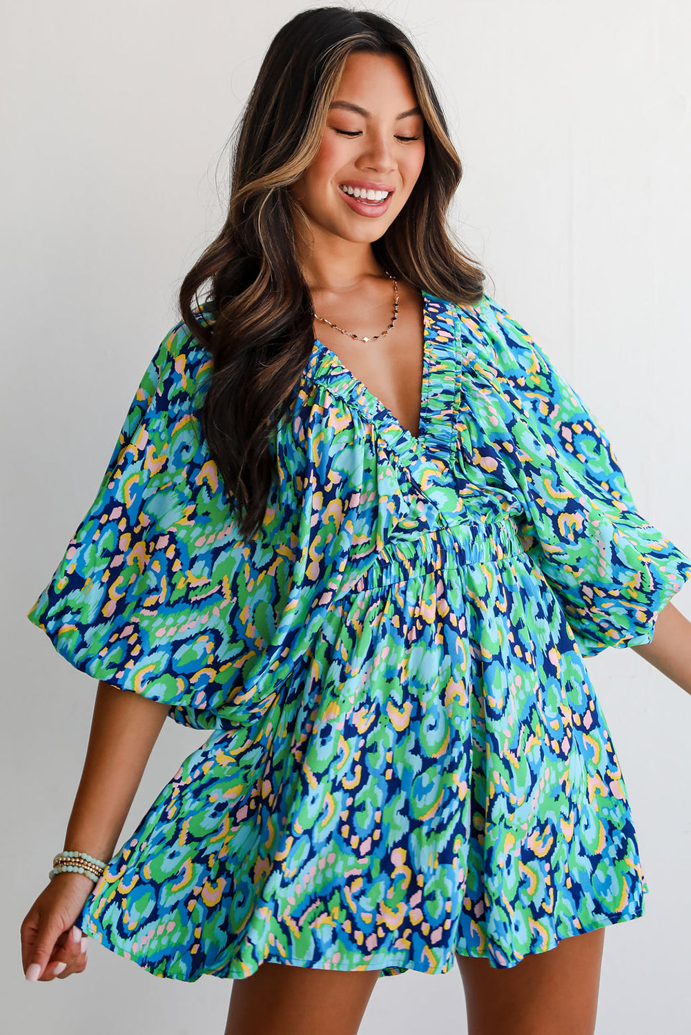 Green Abstract Print V Neck Puff Sleeve Smocked Romper